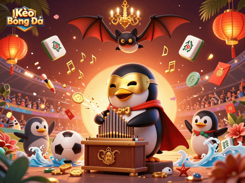 Kèo Bóng Đá sports betting scene with cartoon characters celebrating wins amidst golden coins and mahjong tiles