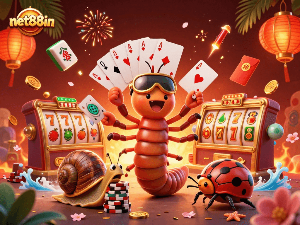 Engage with net88in's dazzling 3D casino scene featuring a lively millipede dealer and exciting game elements.