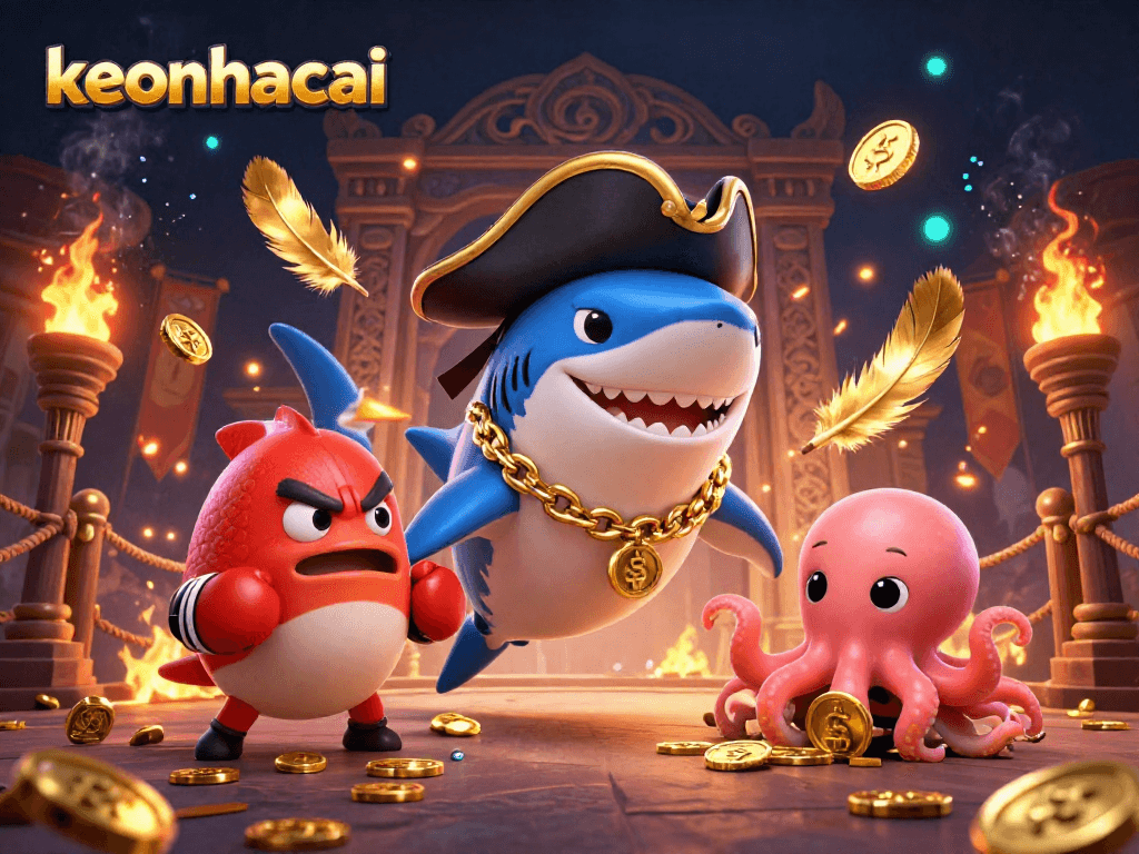 Win big with keonhacai as a cartoon pirate shark and friends celebrate in a vibrant 3D casino scene.