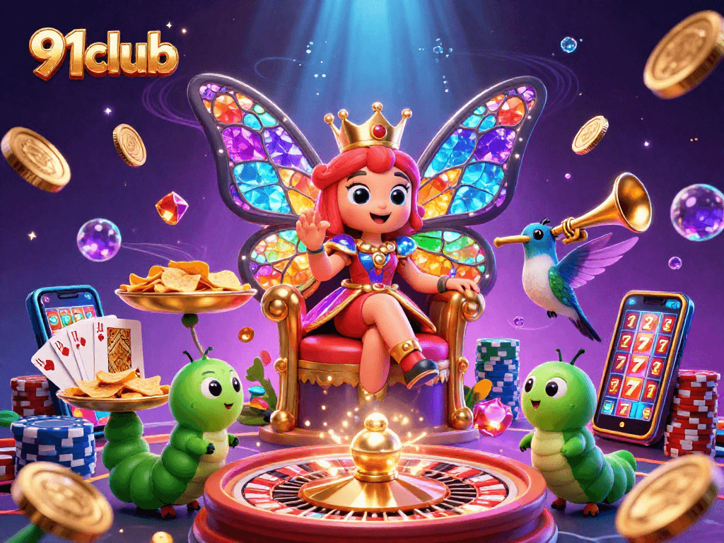 Engage with 91club's vibrant casino scene showcasing a butterfly queen among dazzling game elements and winnings.
