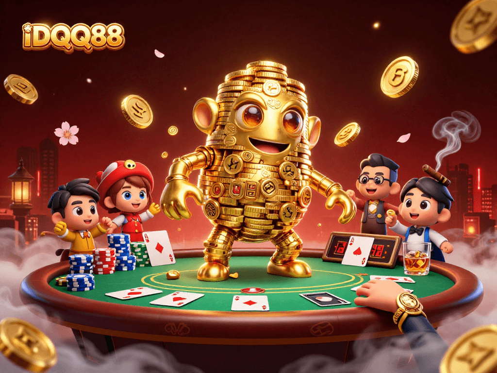 Experience the thrill of IDQQ88's gaming with a golden golem and vibrant casino elements.