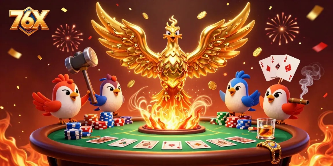 Ilustração 3D vibrante do 76X, mostrando um fênix de ouro e mesa de poker repleta de fichas.