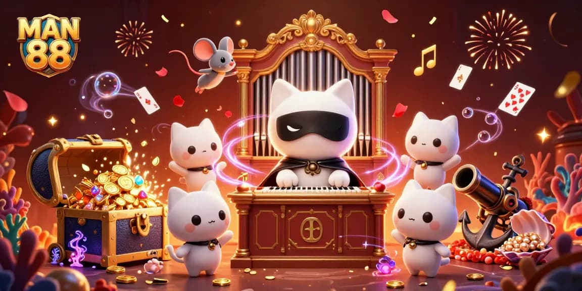 Experience the vibrant excitement of MAN 88's online casino with a playful 3D scene packed with treasures.