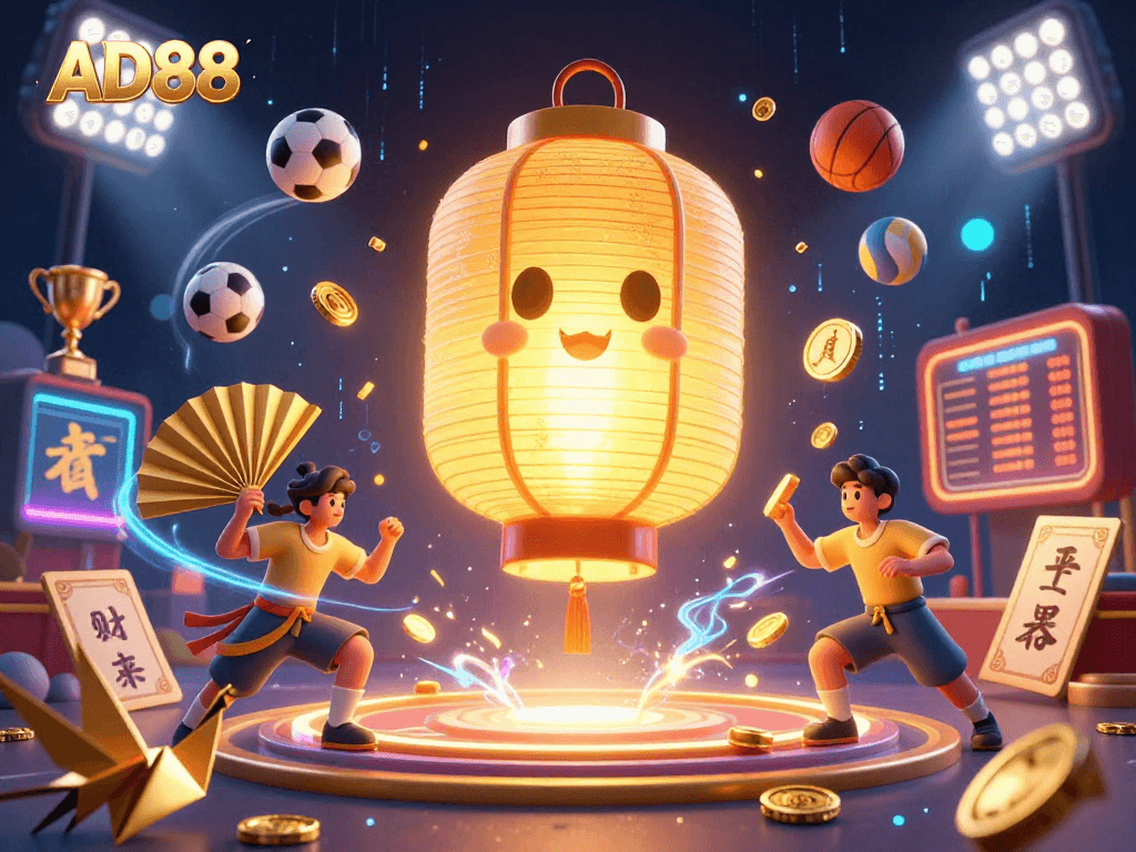 Engage in thrilling gameplay at AD88, featuring a lively night market casino scene with sports-themed elements.