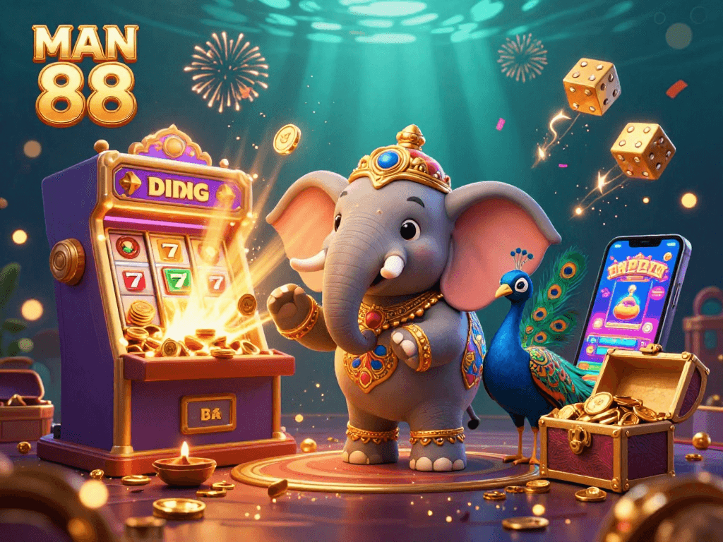 Experience the excitement of winning big at MAN 88 with colorful slot machines and festive elements.