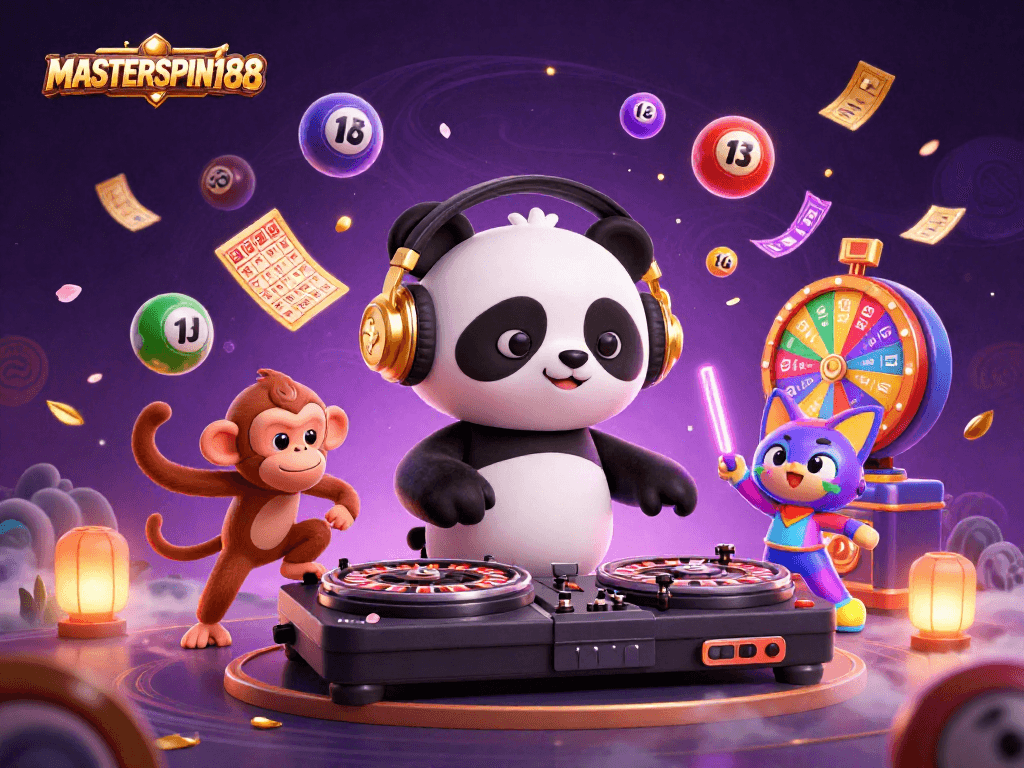 Join the excitement of MASTERSPIN188 with a vibrant 3D illustration showcasing a DJ panda and lively casino elements.