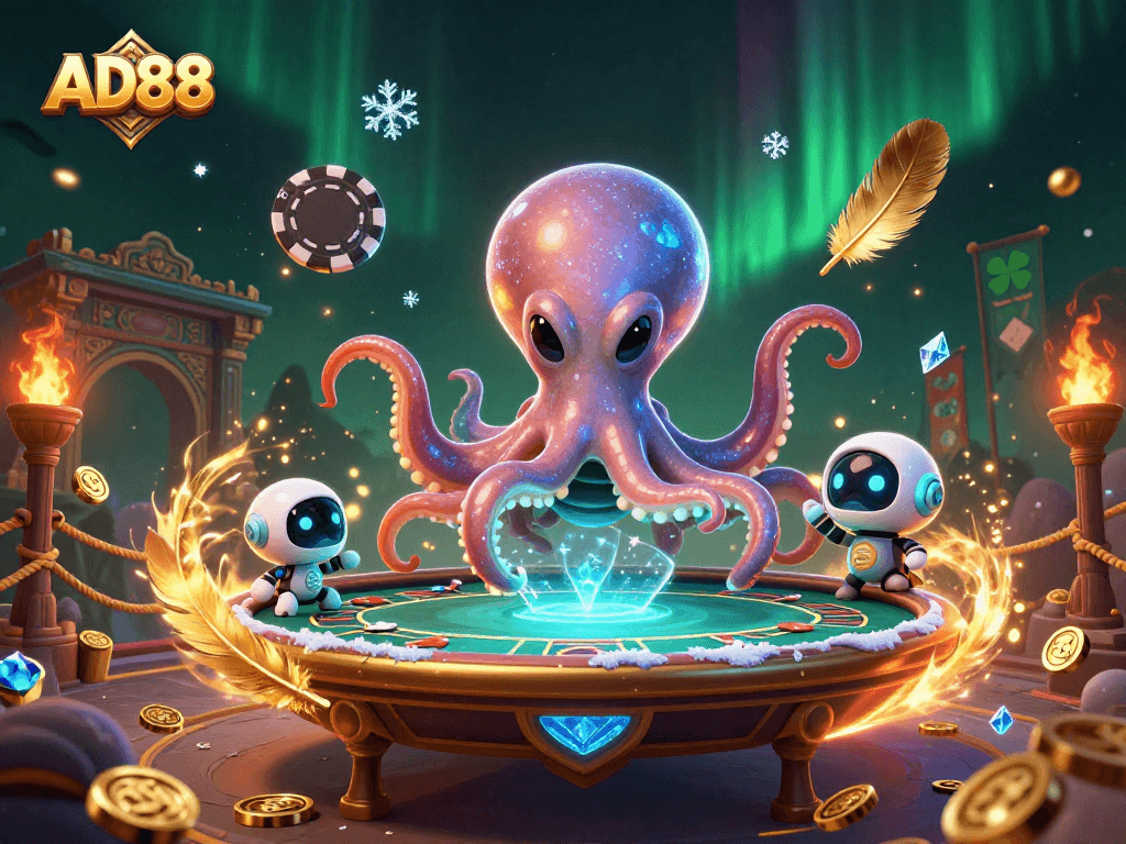 AD88 showcases an exciting 3D casino scene with an alien octopus and poker action.