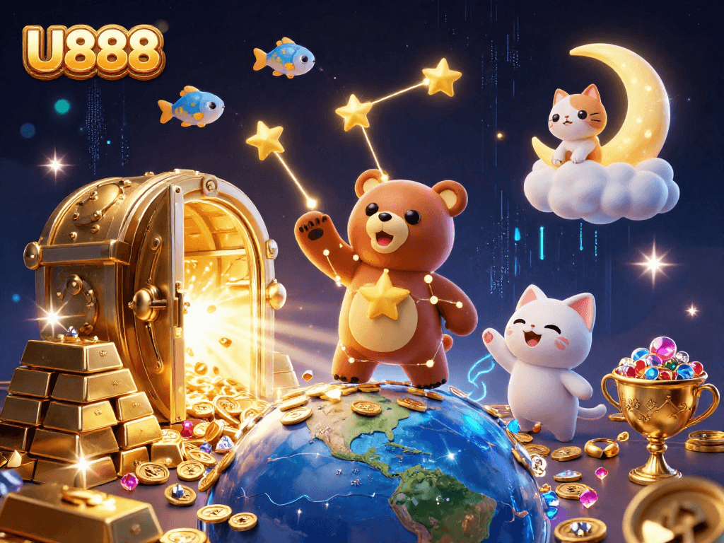 U888 players collect golden coins in an enchanting casino world with dynamic treasure elements.