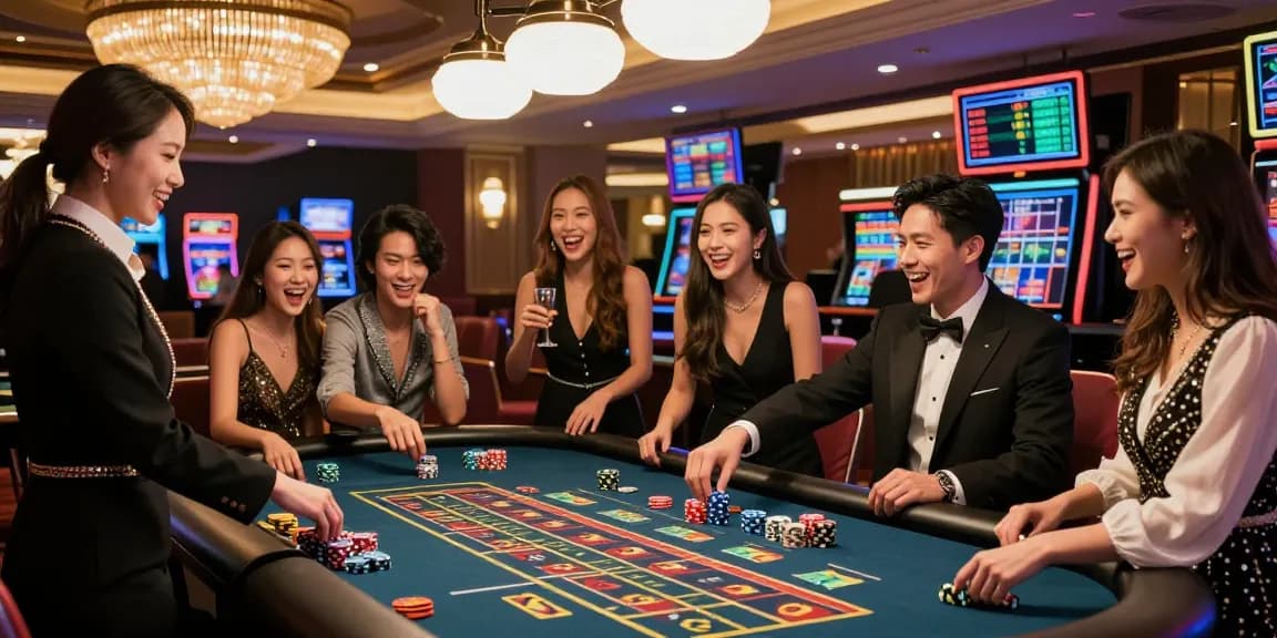 Experience the excitement of lucky77 at a vibrant casino with friends around the roulette table.