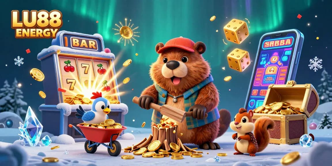 Experience thrilling gaming with LU88 ENERGY's vibrant casino-themed illustration featuring animated characters and golden rewards.