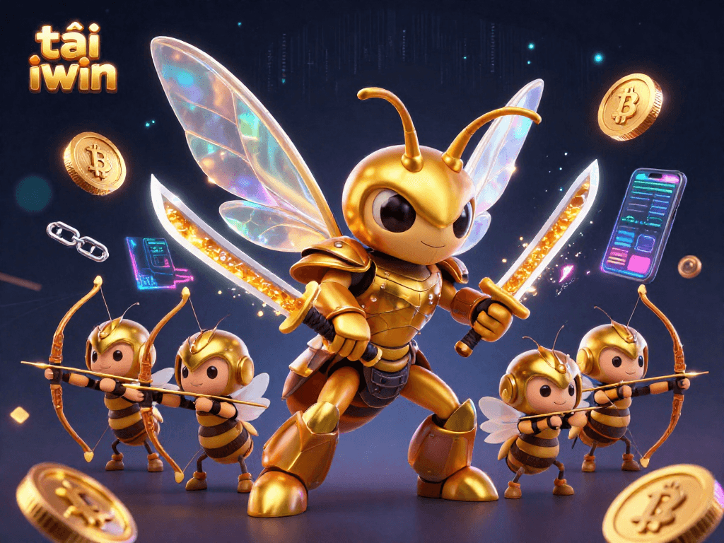 Play games and win with tải iwin featuring a 3D hornet samurai in an energetic casino scene.