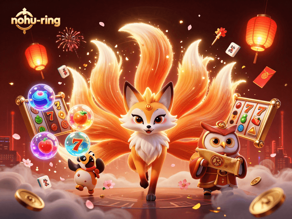 Join the nohu-ring adventure with a glowing nine-tailed fox, spinning slot reels, and colorful jackpots!