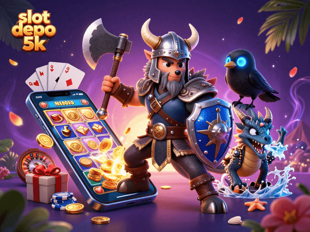 Spin and win with slot depo 5k in this vibrant 3D illustration featuring dynamic gaming elements.