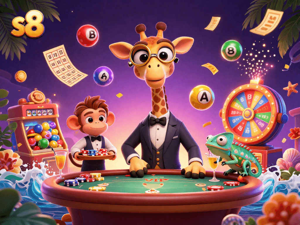Engage with s8's exciting gameplay featuring a giraffe at a VIP table and dynamic casino elements.