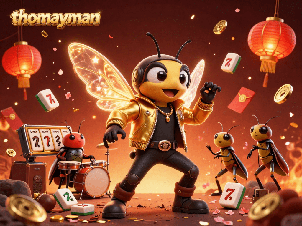 Experience thrilling slot action with thomayman, where a vibrant cicada rock star and friends celebrate wins amidst glowing game elements.