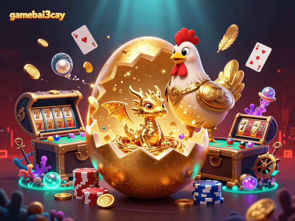 gamebai3cay elevates excitement as a cartoon golden egg cracks open, revealing treasures.