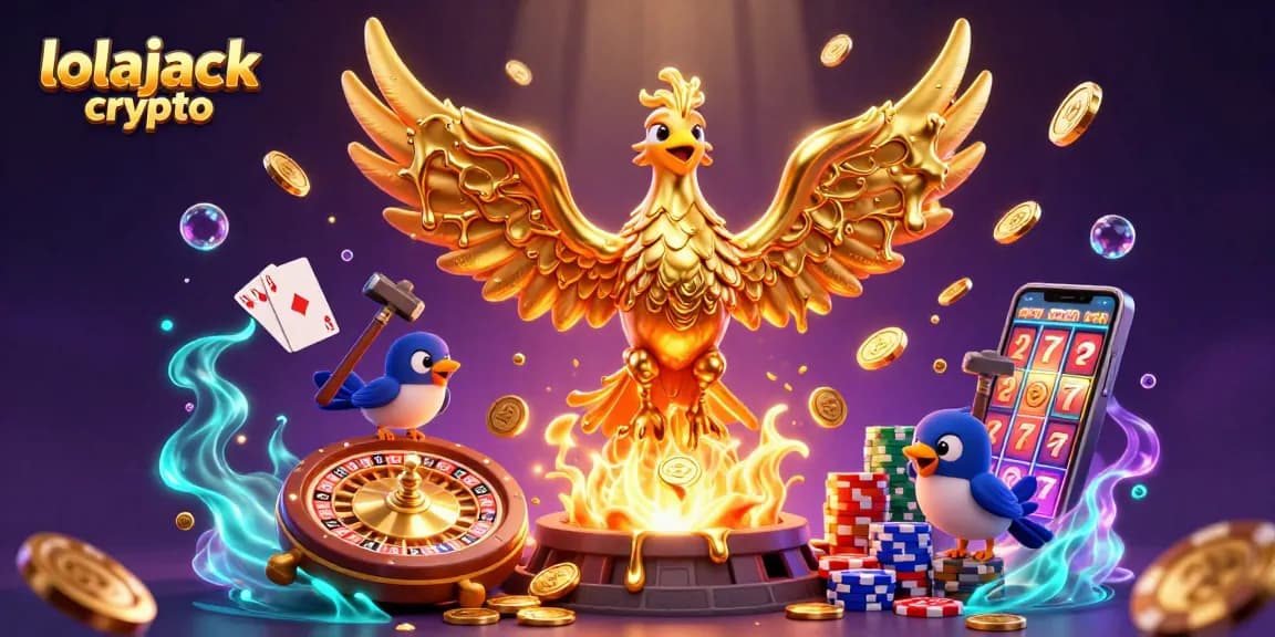 Spin and win with lolajack crypto as the golden phoenix rises amidst cascading coins and vibrant casino elements.