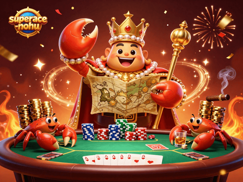 Engage with superace-nohu's colorful poker scene featuring a golden crab holding a treasure map.