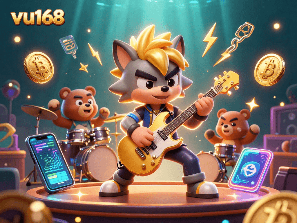 Experience thrilling vibes on vu168 as the rock star wolf shreds guitar amidst electrifying casino elements.