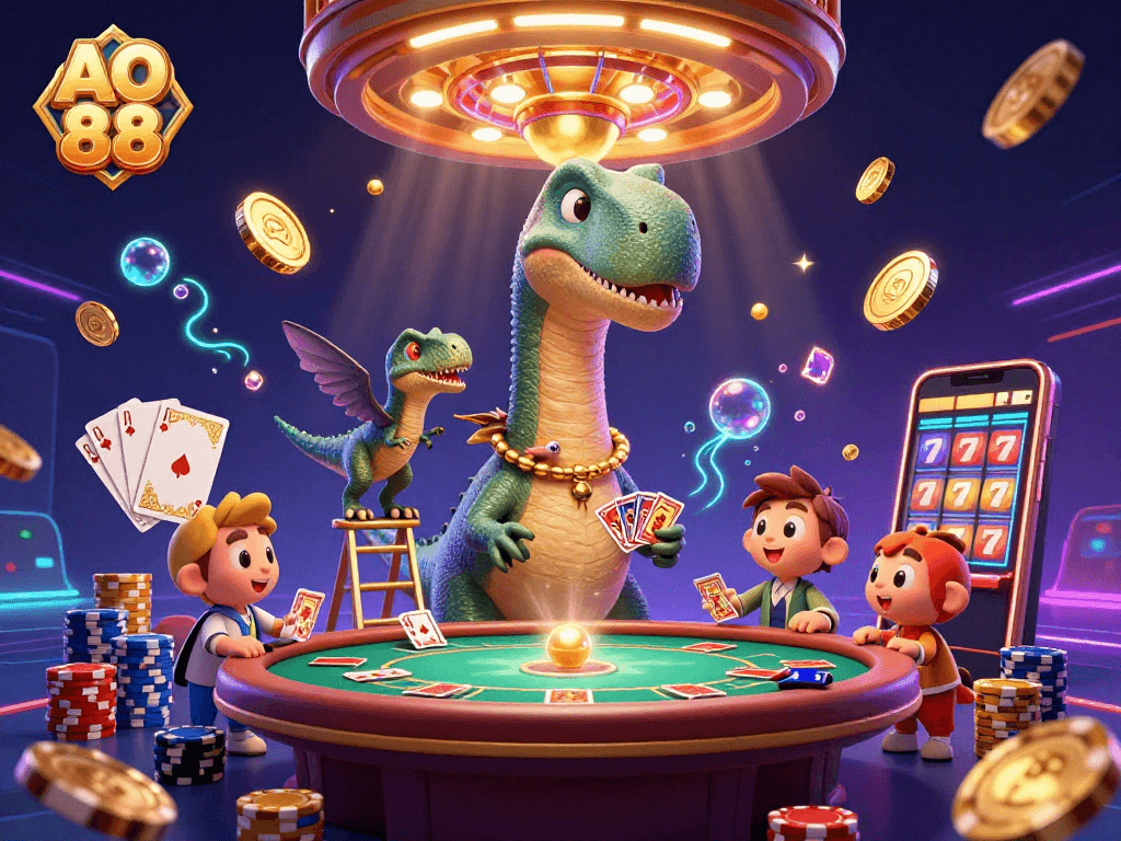 Experience thrilling wins at AO 88 with exciting casino scenes featuring vibrant dinosaurs and dynamic game elements.