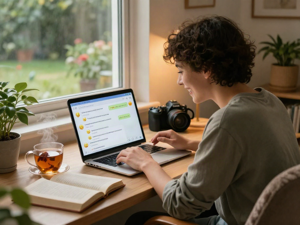 Engaging sex AI chat on a cozy home office laptop, warm atmosphere and personal touches.