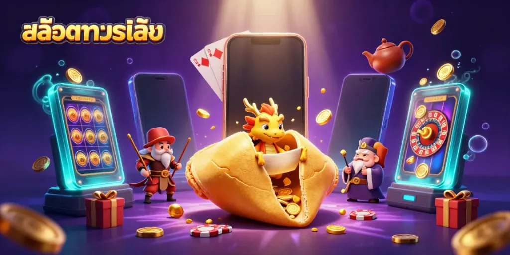 เล่นสล็อตทดลองเล่นด้วยธีมคาสิโนสุดพิเศษที่มีมังกรและขนมทองคำในภาพ
