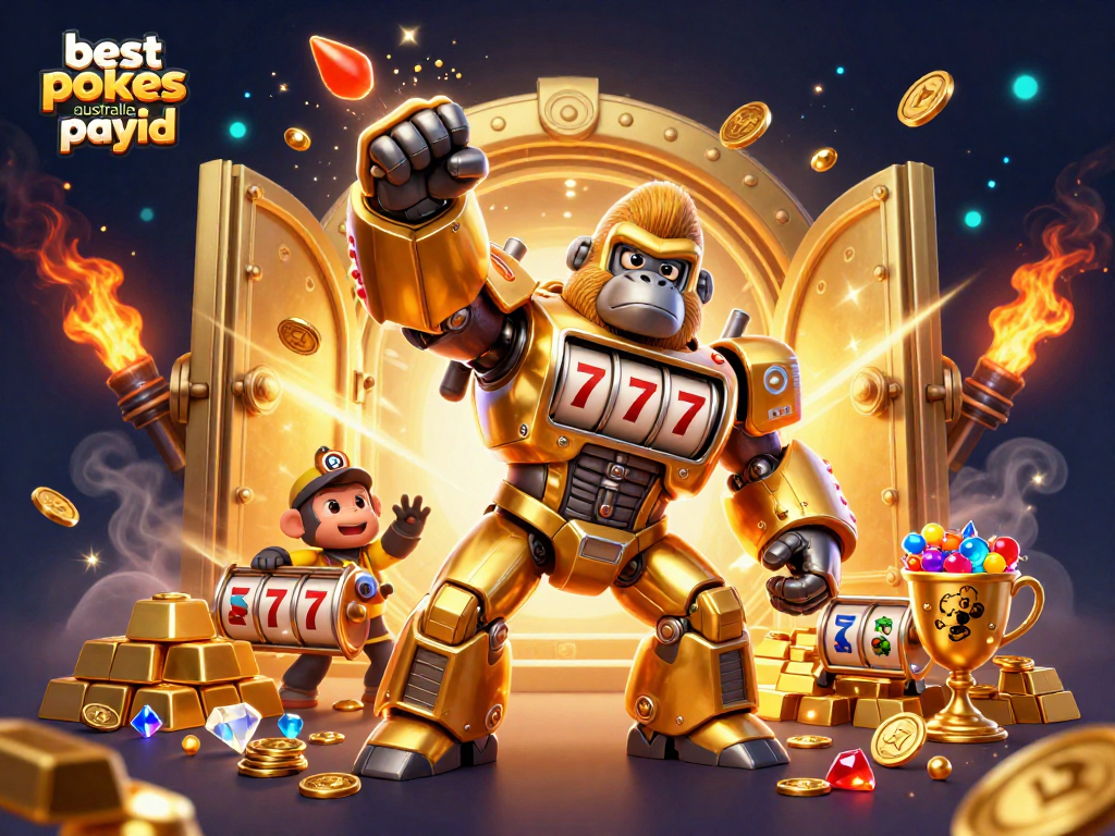 Spin to win at the best online pokies Australia PayID, featuring a golden gorilla mech with slot machine parts.