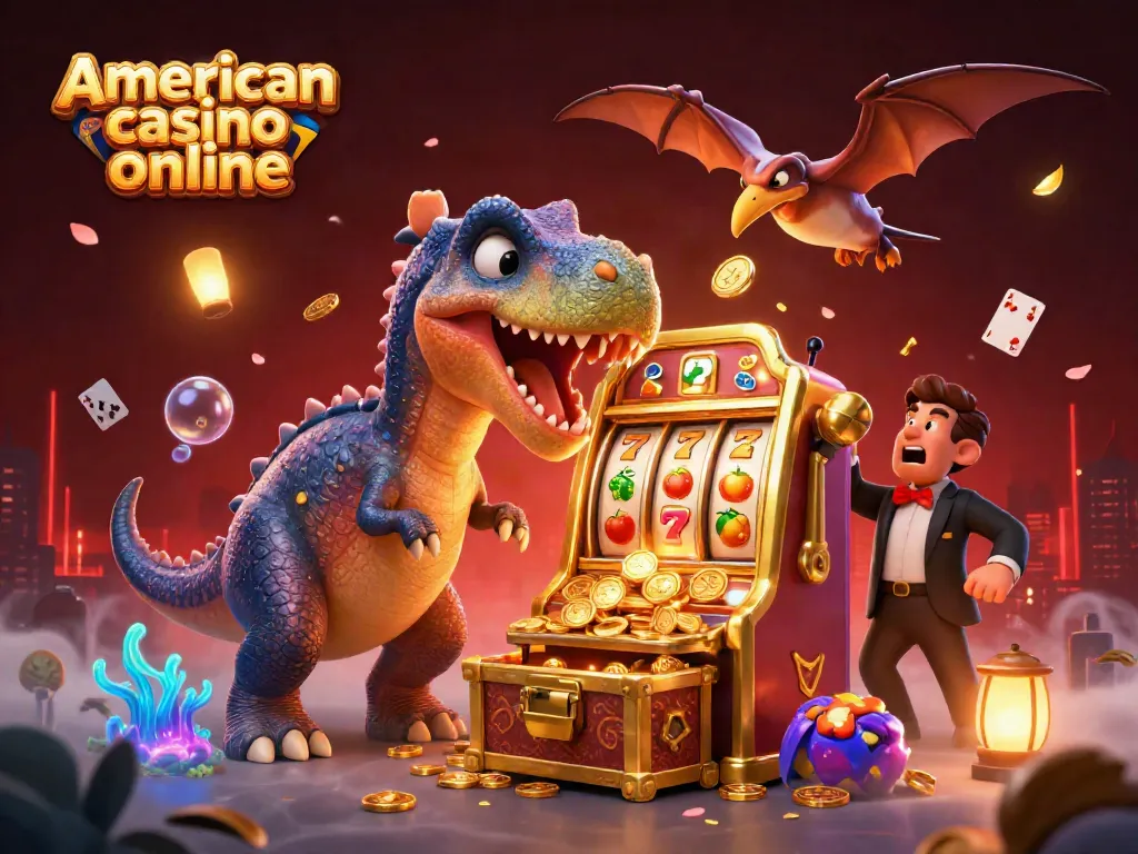 Catch the jackpot at american casino online as dinosaurs create chaos amidst flying coins and gaming elements.