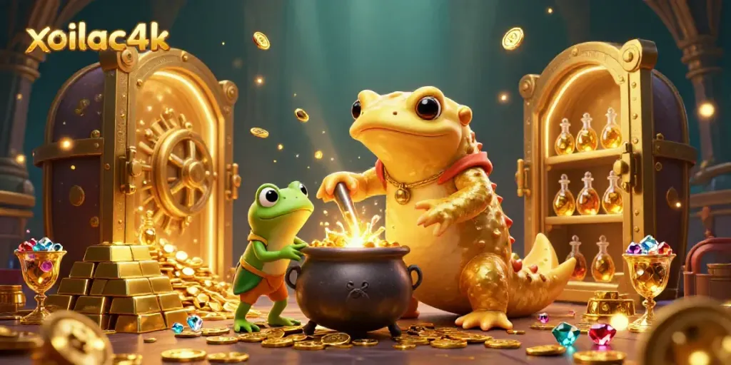 Xoilac4k showcases a golden salamander alchemist producing gold coins in a vibrant casino-themed illustration.