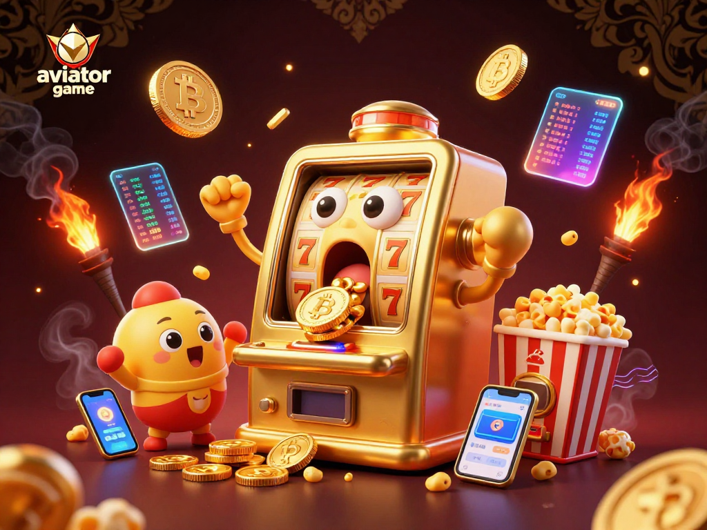 Playing the aviator game with a shocked golden slot machine celebrating its jackpot win.