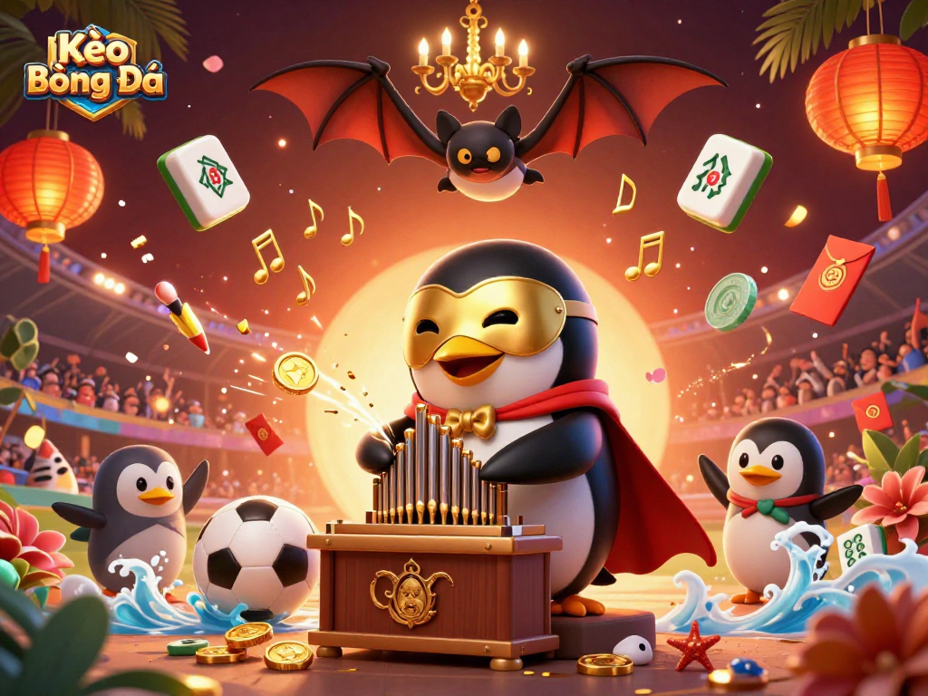 Kèo Bóng Đá sports betting scene with cartoon characters celebrating wins amidst golden coins and mahjong tiles