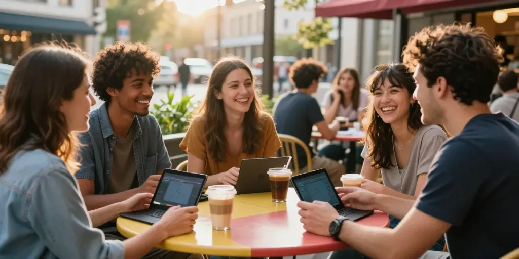 A warm and vibrant scene of young adults interacting while discussing akunjp gaming strategies over coffee.