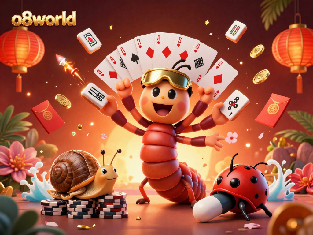 Experience high-stakes fun with o8world's vibrant casino illustration featuring unique characters and rich game elements.