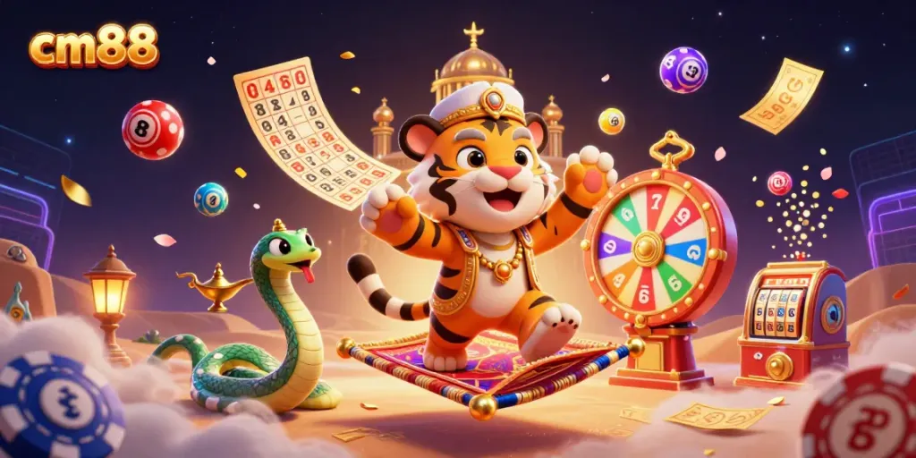 Experience the excitement of cm88 with a magical casino scene featuring a tiger sultan and vibrant game elements.