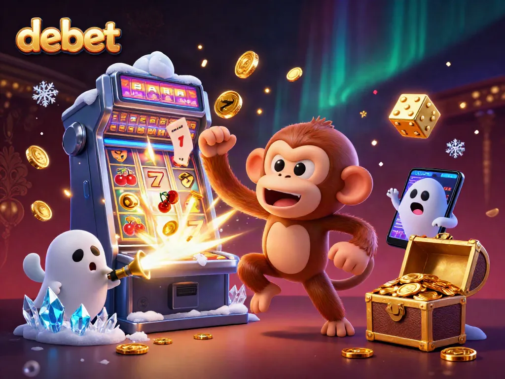 Experience the thrill of debet in this vibrant casino scene with a mischievous monkey and ghost-hunter puppy.