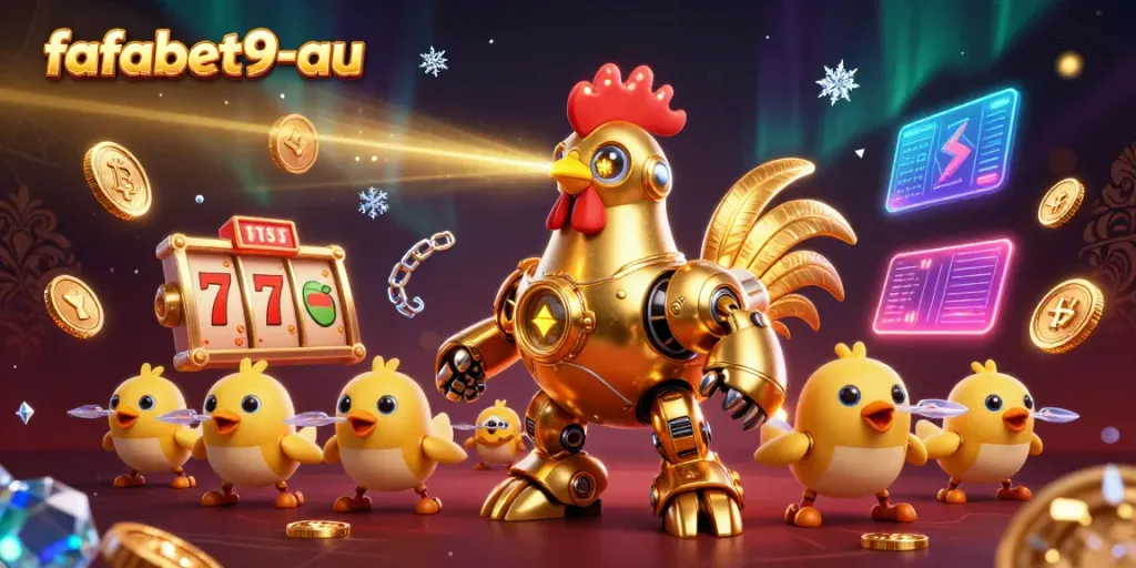 Experience thrilling casino action with fafabet9-au's vibrant, dynamic 3D scene featuring a golden rooster robot and baby chick drones.
