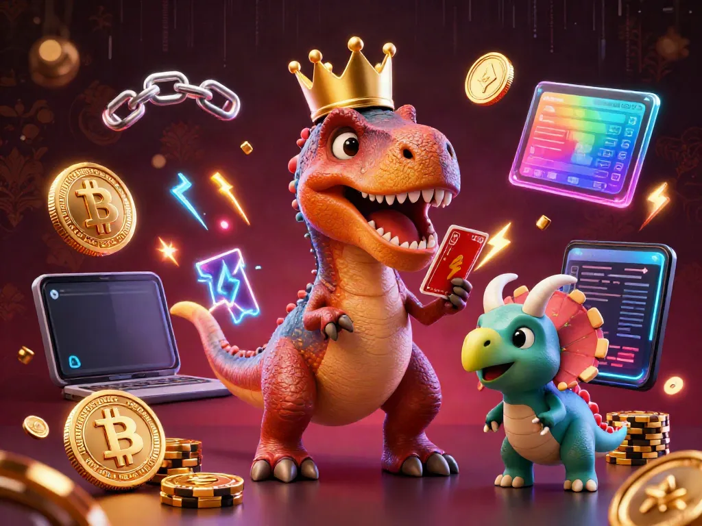 Engage with the mmoo casino scene featuring a T-Rex shuffling cards while a pterodactyl assists, surrounded by vibrant crypto coins.