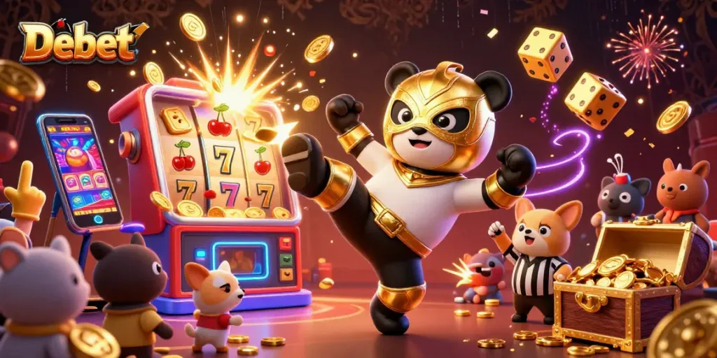 Join the excitement with Debet as a panda wrestler kicks out in a vibrant casino scene!