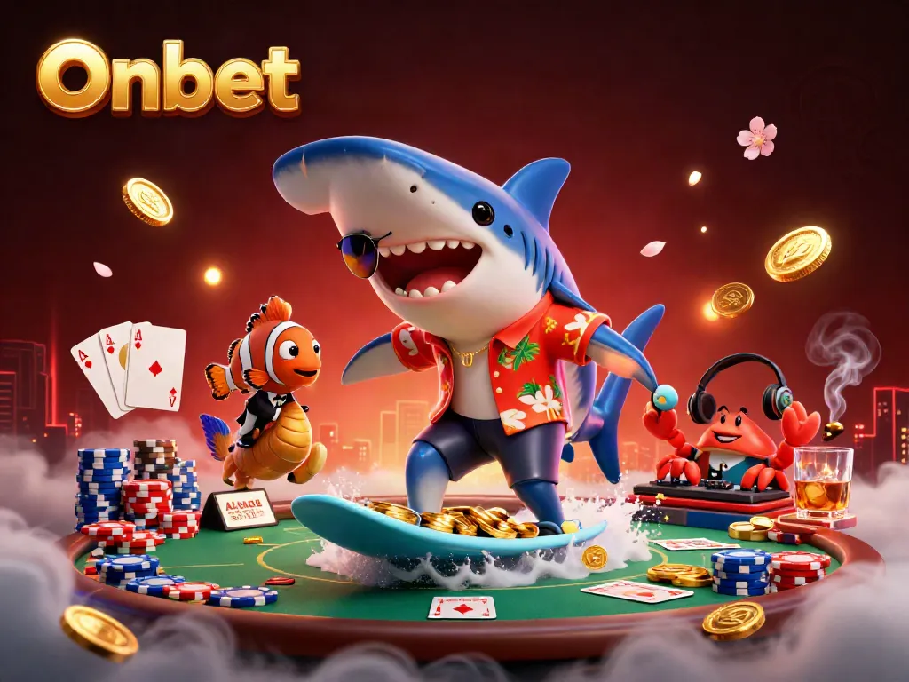 Experience Onbet's dynamic casino world with a shark, clownfish, and crab, amidst vibrant poker elements.