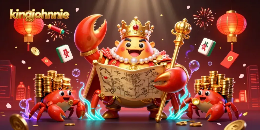 Experience the vibrant world of kingjohnnie with a golden crab emperor leading an exciting casino scene.