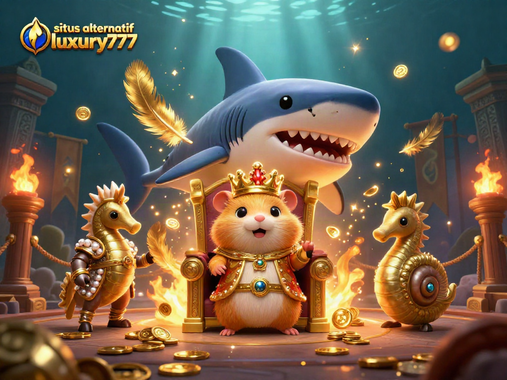 Situs alternatif luxury777 menghadirkan raja hamster emas di singgasana unik sambil dikelilingi elemen kasino.