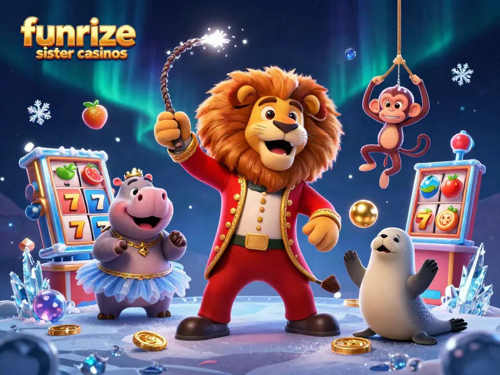 Experience funrize sister casinos with an exciting 3D illustration of gambling characters and slot elements.