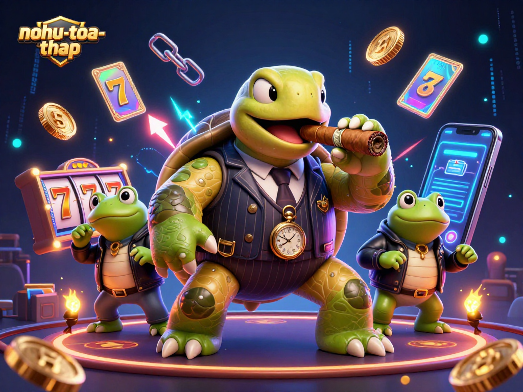 Engage in thrilling gameplay with nohu-toa-thap featuring a cartoon snapping turtle and vibrant casino elements.