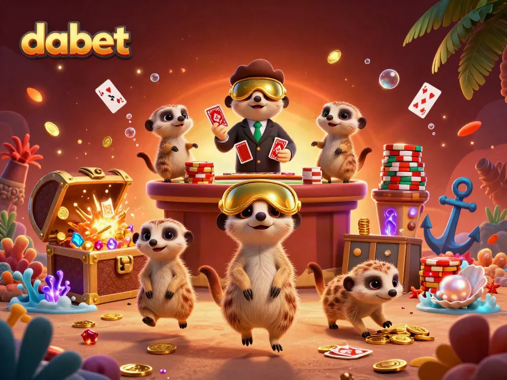 Experience the vibrant casino world of dabet with playful meerkats running games and managing chips.