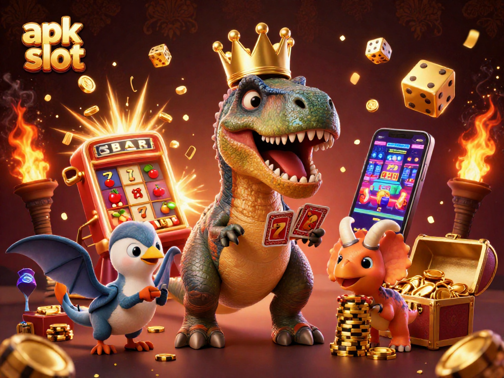 Slot APK gacor terbaru dengan karakter dino dan mesin slot penuh koin emas.