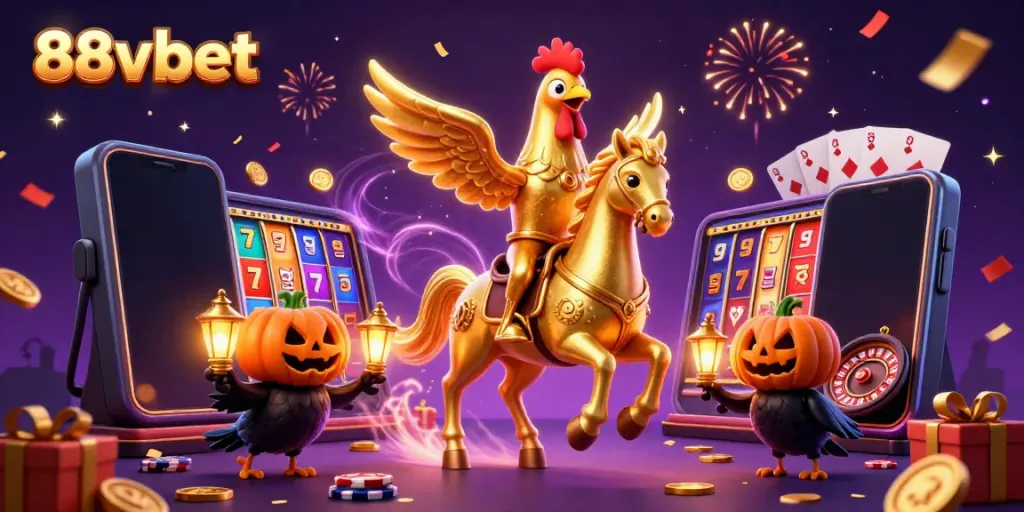 Experience thrilling slots at 88vbet with a golden rooster in a vibrant casino scene.