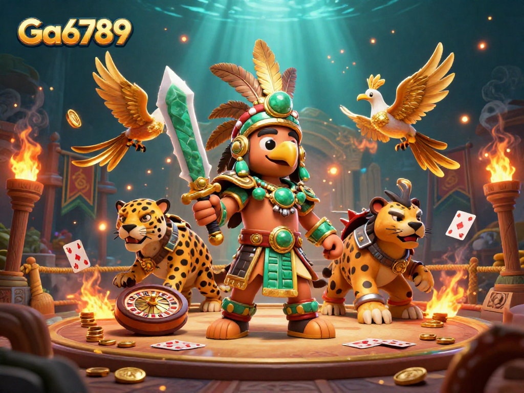 Engage with Ga6789 in an energetic casino environment featuring warriors, cards, and dynamic elements.