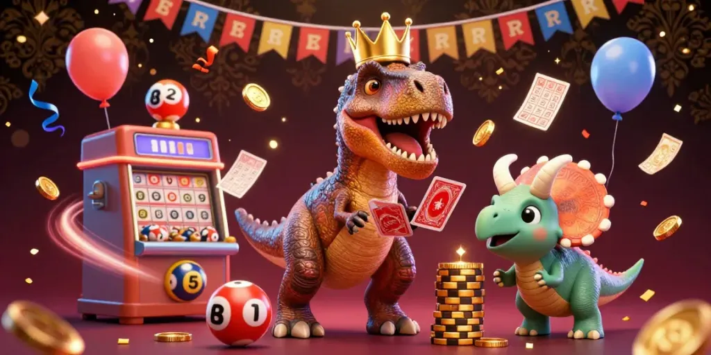 Experience the excitement with bosjoko in a 3D cartoon scene featuring lottery elements, festive balloons, and friendly characters.