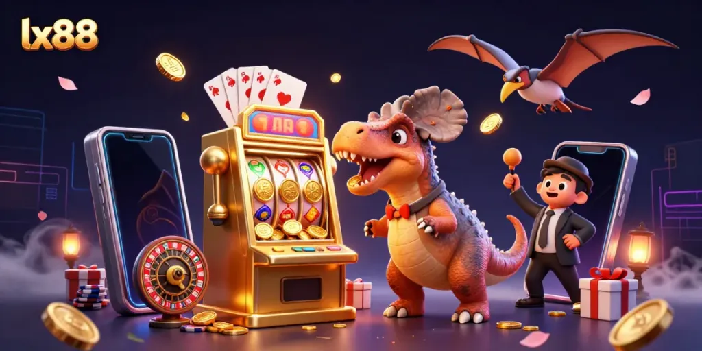 lx88 offers thrilling jackpots as characters celebrate big wins in a vibrant casino scene.