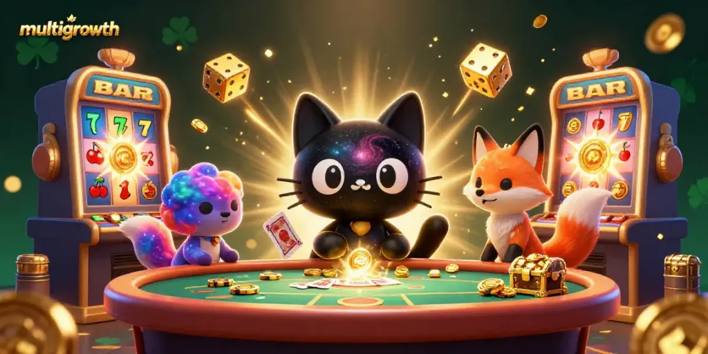 Engage in winning strategies at the multigrowth casino, with stunning visuals of colorful gambling elements.